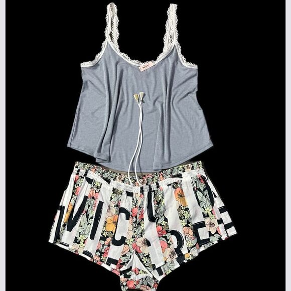 Victorias Secret Ultra Soft Ribbed Cami Tank & floral shorts pajama set Large - Picture 1 of 7